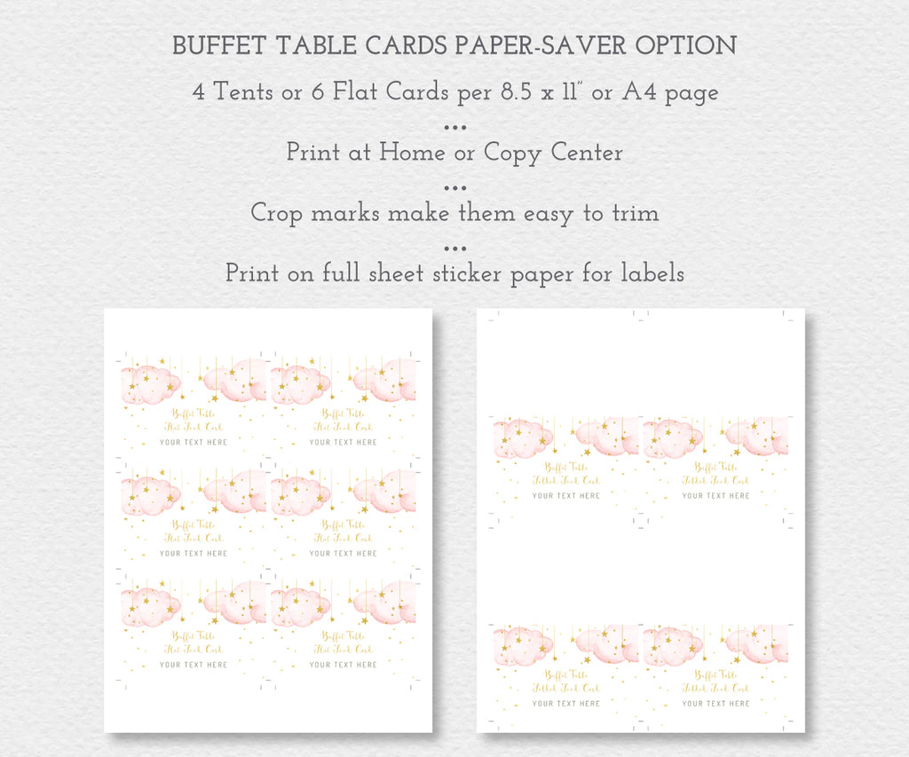 Buffet food cards for girl baby shower are shown with multiples on a single 8.5 x 11 page. Both flat and folded tent card versions are shown. Each has pink clouds with gold stars.