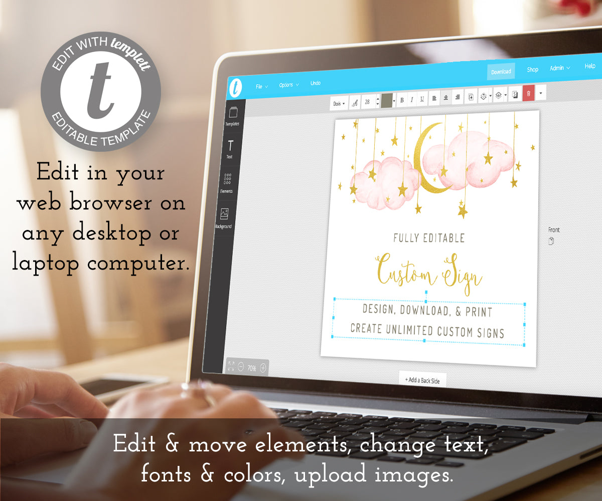 Create custom signs online using the Artful Life Designs Custom sign template for baby showers. This template is 10 x 8" in landscape orientation. It has pink clouds with gold moon and stars. All text is fully editable.