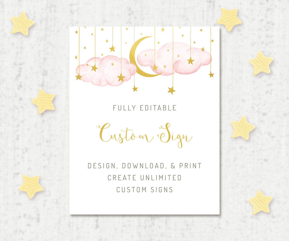Twinkle twinkle little star, custom sign template, 8 x 10&quot;, pink clouds, gold moon and stars, create unlimited signs for your twinkle twinkle little star baby shower