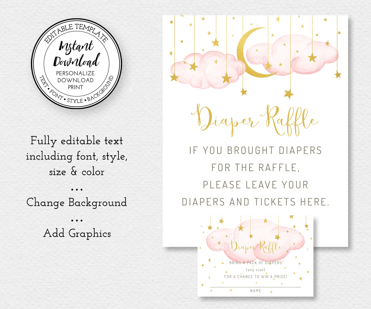 Twinkle twinkle little star diaper raffle sign and card, pink clouds, gold moon and stars, editable templates