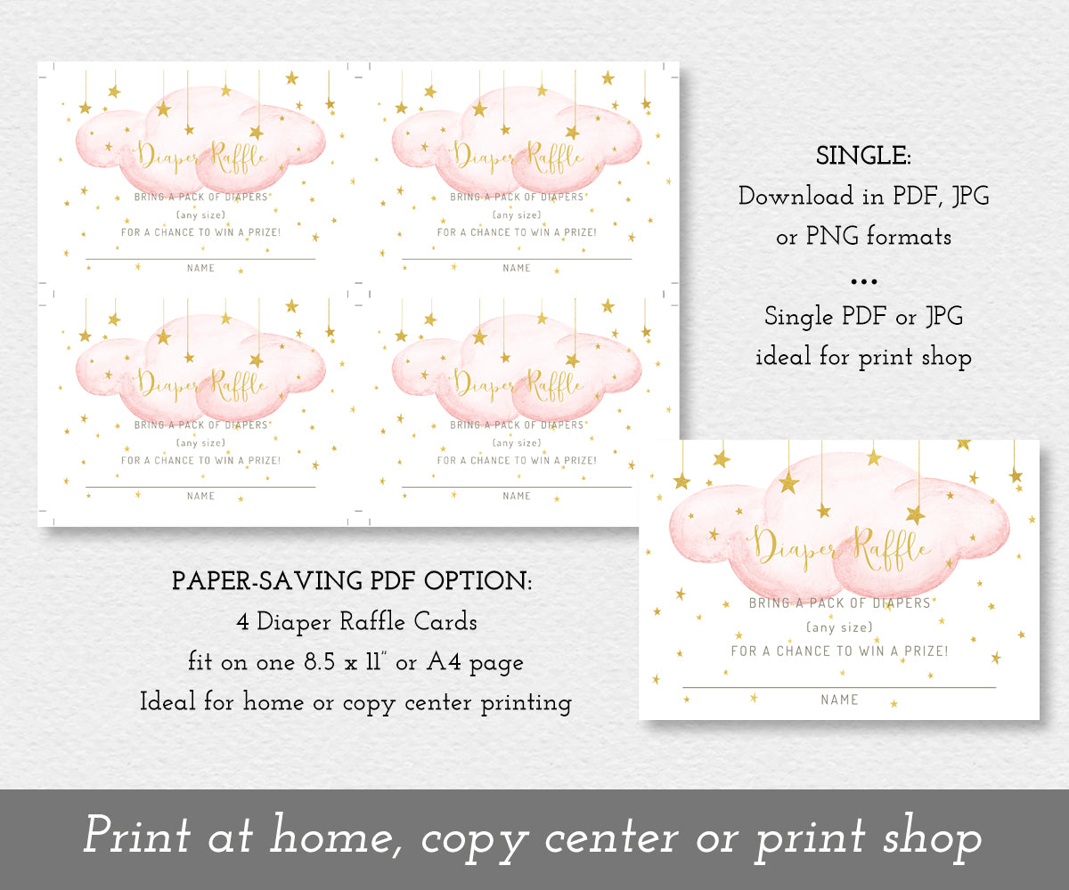 Twinkle twinkle little star diaper raffle card, pink clouds, gold stars, paper saving option shows 4 cards on a single 8.5 x 11 page, or a single card, 3.5 x 5