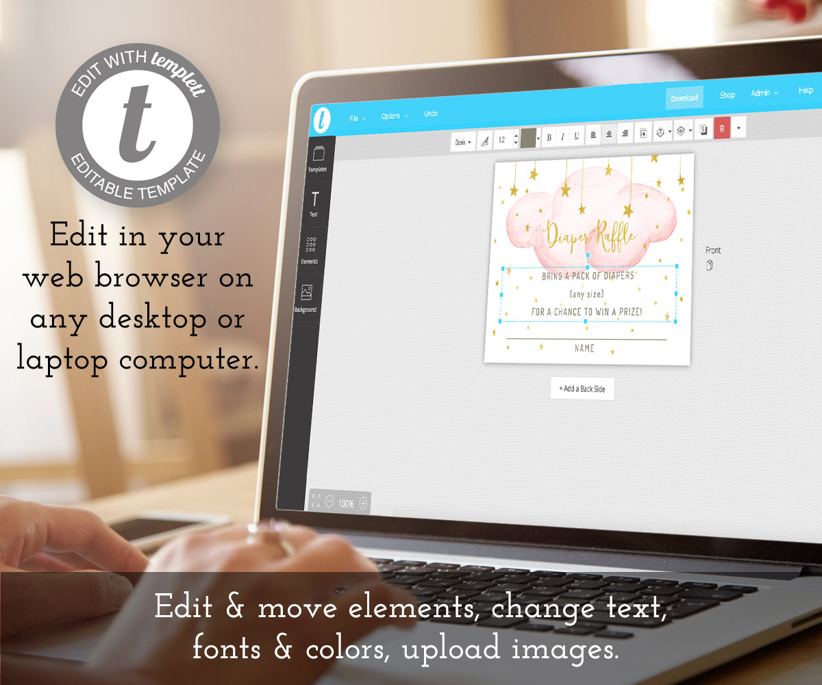 Twinkle twinkle little star diaper raffle card, edit online at templett.com, card has pink clouds, gold stars