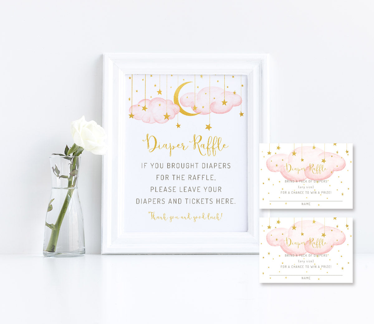 Twinkle twinkle little star diaper raffle sign and entry tickets baby shower game, pink clouds with gold moon and stars