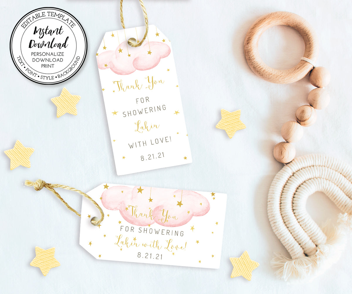 Twinkle twinkle little star, girl baby shower favor tags, vertical and horizontal. Tags have pink clouds with gold stars and gold script text
