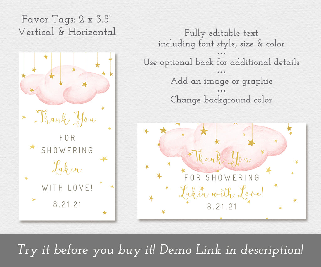 Twinkle twinkle little star, girl baby shower favor tags, vertical and horizontal. Tags have pink clouds with gold stars and gold script text, Tags are editable templates, 2 x 3.5"