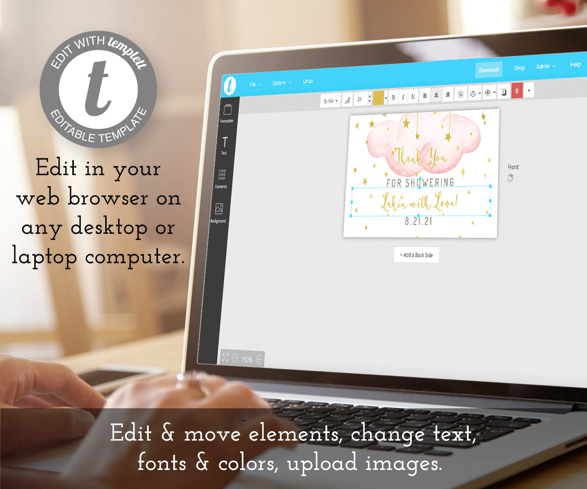 Edit your twinkle twinkle little star baby shower favor tag online at templett.com. Favor tag has pink clouds with gold stars and gold script text.