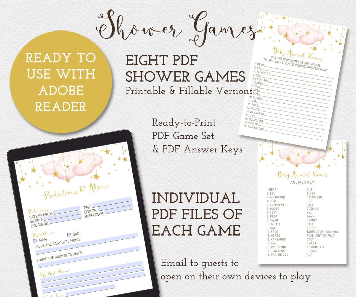 Eight baby shower games set, ready to print PDF Game Set with PDF Answer Key, Game shown is Baby Animal Names and Predictions and Advice game. Game can be used digitally for a virtual shower or printed to use at an in-person shower. Game cards have pink clouds with gold stars