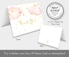 Twinkle twinkle little star girl baby shower thank you card folded, with pink clouds and gold stars, Gold script text, Note card is 5 x 3.5" folded, back has gold moon and stars