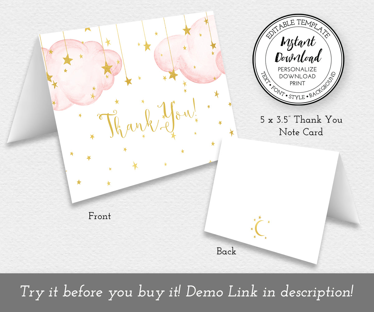 Twinkle twinkle little star girl baby shower thank you card folded, with pink clouds and gold stars, Gold script text, Note card is 5 x 3.5" folded, back has gold moon and stars.
