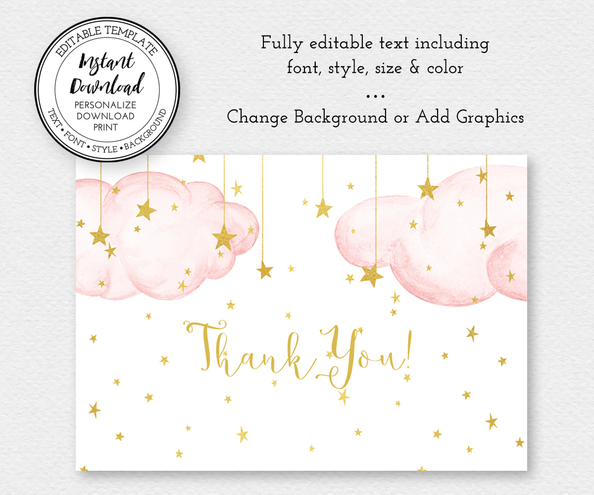 Twinkle twinkle little star girl baby shower thank you card with pink clouds and gold stars, Gold script text, Thank you card is an editable template.