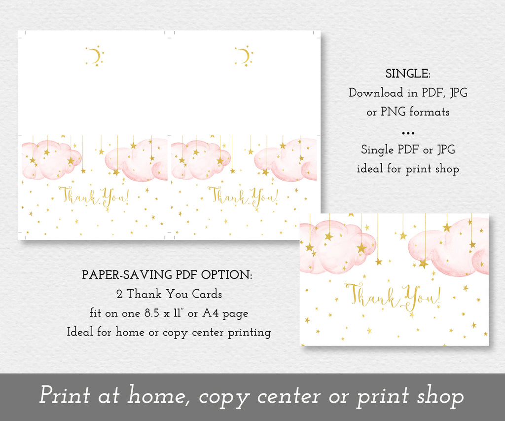 Twinkle twinkle little star girl baby shower thank you card with pink clouds and gold stars, Gold script text, Thank card is shown as a paper saver option with two cards on one 8.5 x 11" sheet and as a single card