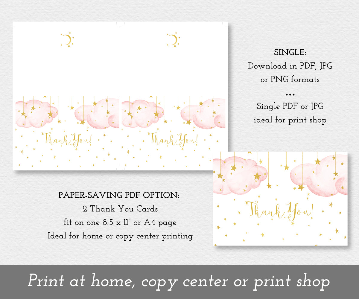 Download options for Twinkle twinkle little star girl baby shower thank you card with pink clouds and gold stars, two per sheet and single card.