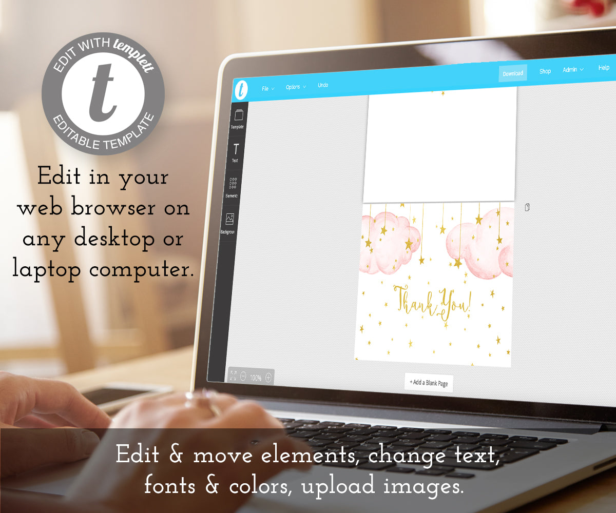 Edit online twinkle little star thank you card template with pink clouds and gold stars.