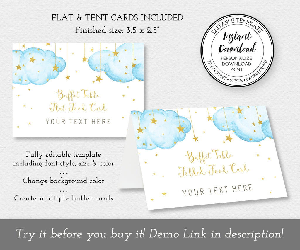 Twinkle twinkle little star, buffet flat and folded food Cards, blue clouds with gold stars