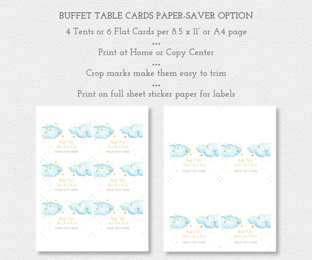 Paper saver option for buffet food cards, flat and folded, blue clouds with gold stars