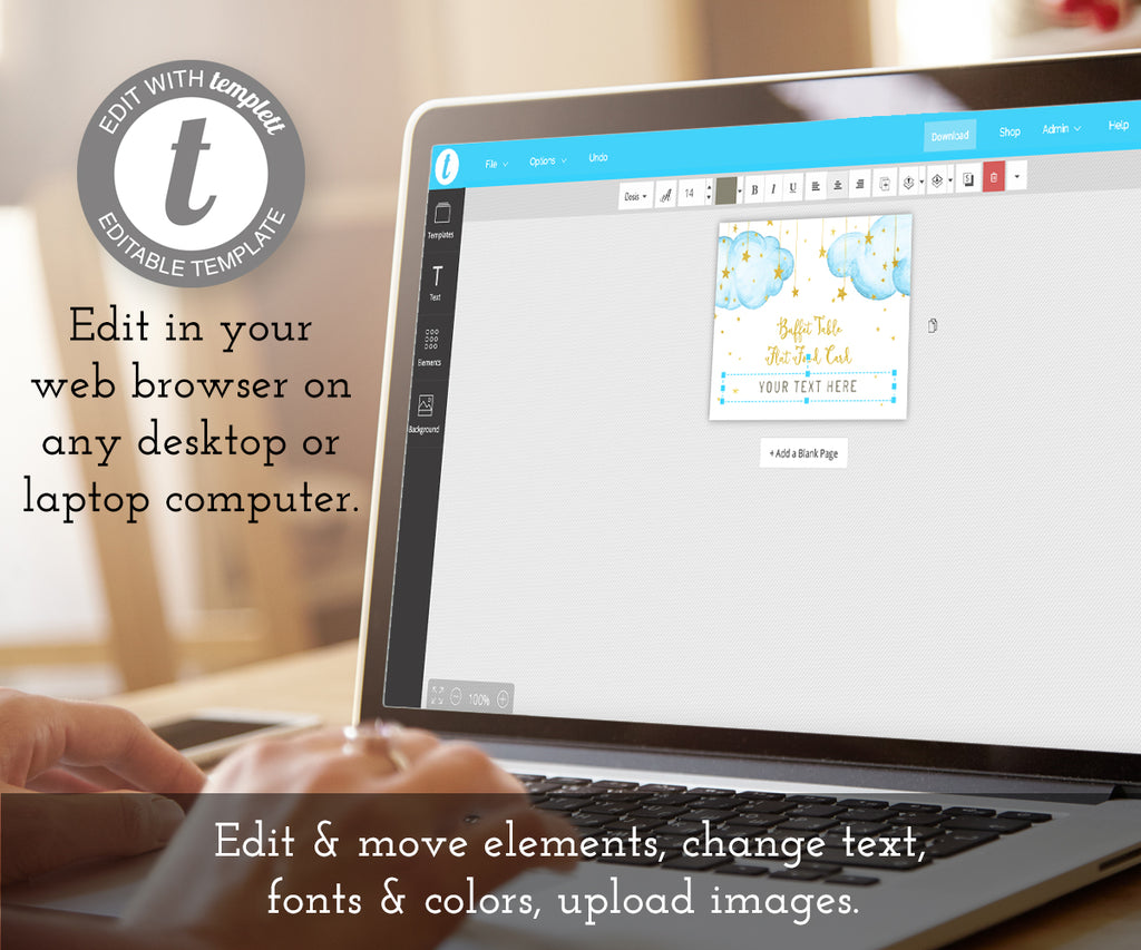 Edit online at templett.com, buffet food card, blue clouds and gold stars