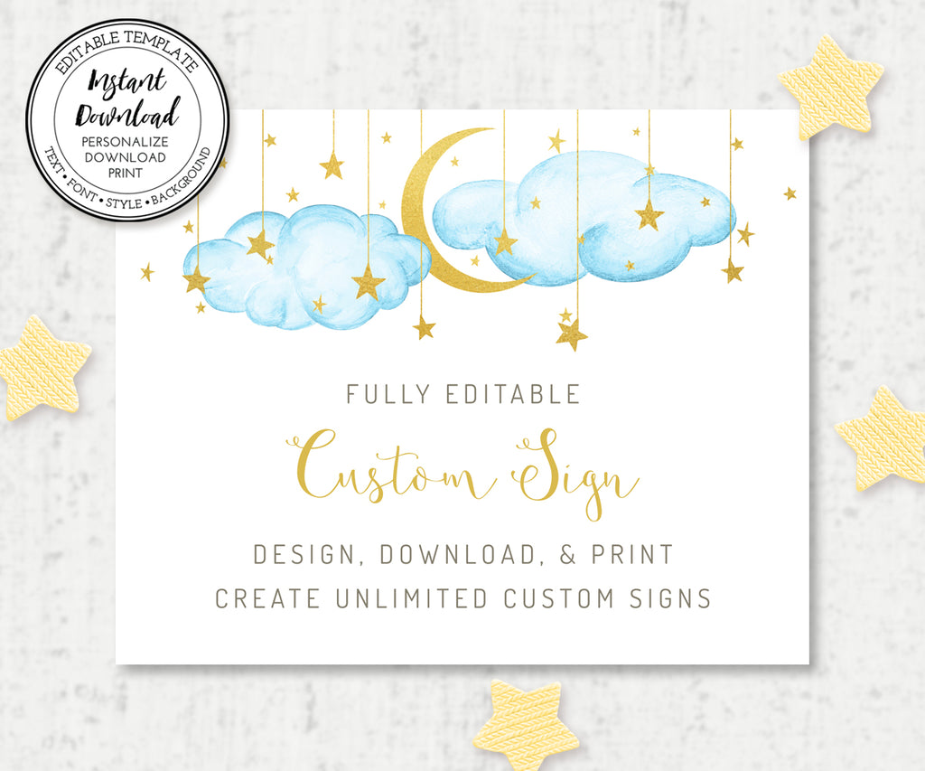 Twinkle twinkle little star custom sign, 10 x 8 inch,  blue clouds with gold moon and stars to create baby shower signs from Artful Life Designs