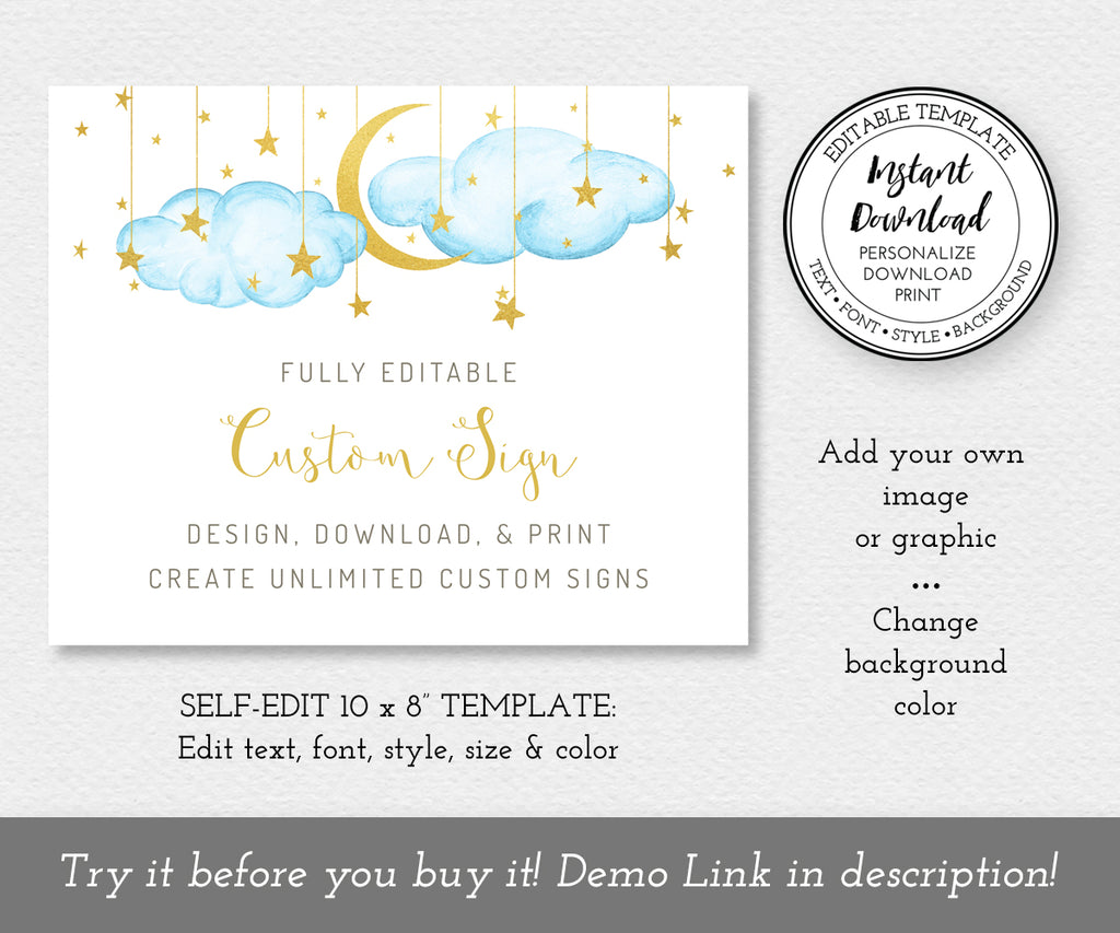 Twinkle twinkle little star custom sign, 10 x 8 inch landscape, blue clouds with gold moon and stars, editable template to create unlimited baby shower signs