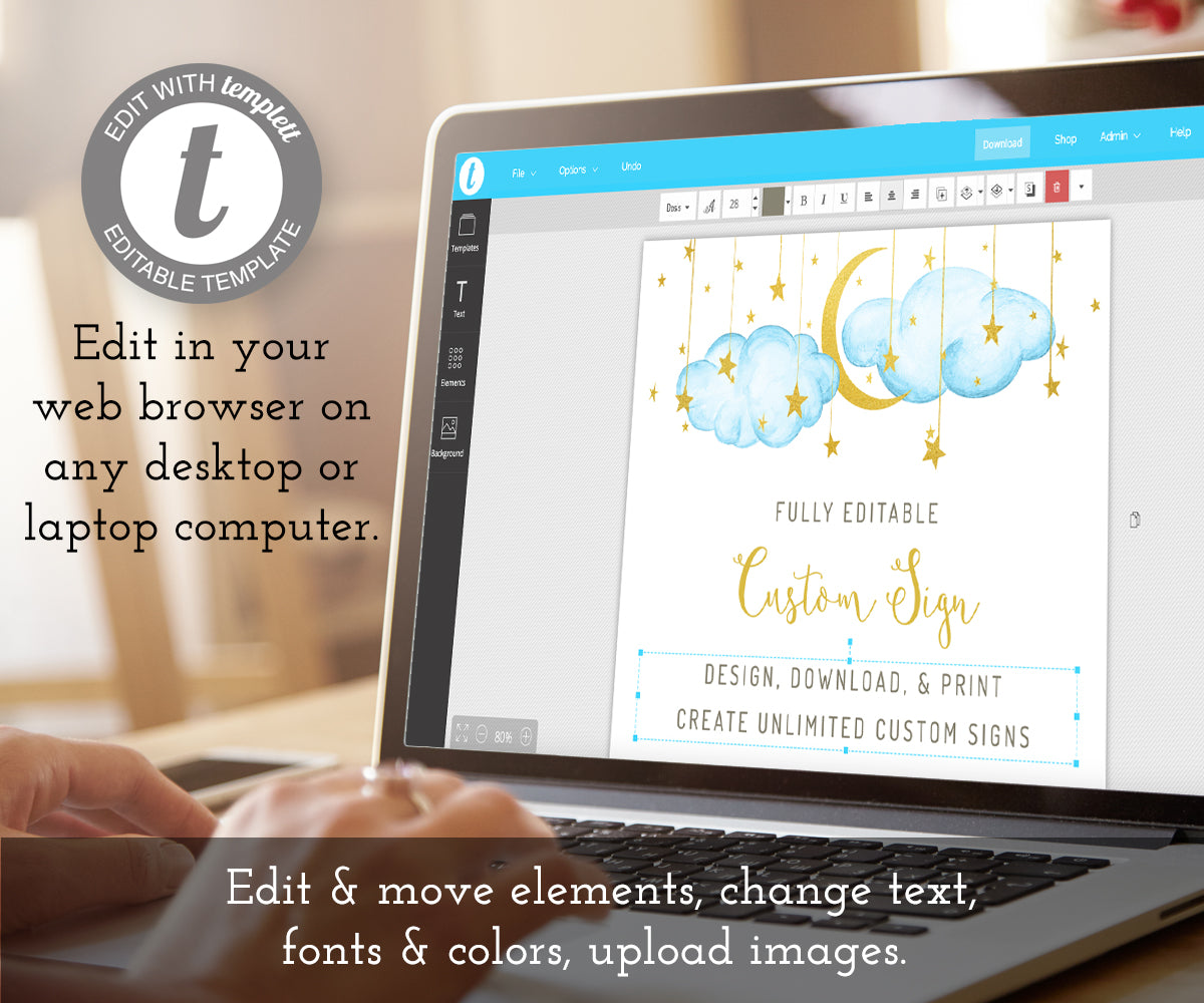 Twinkle twinkle little star custom sign, 10 x 8, blue clouds with gold moon and stars, edit online at templett.com