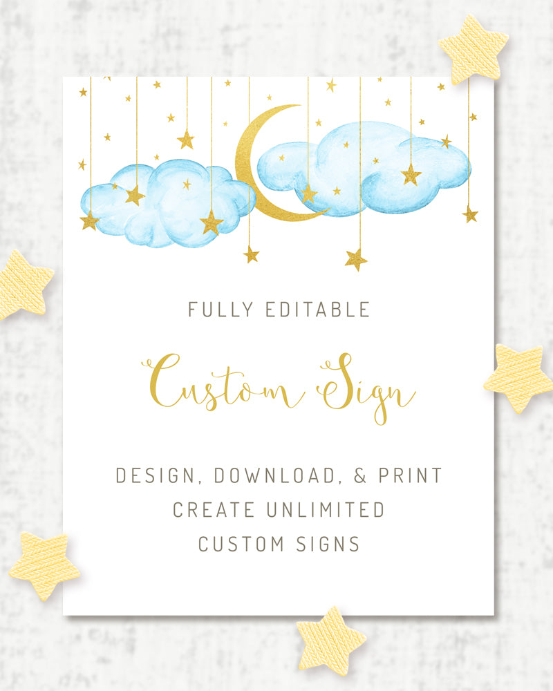 Twinkle twinkle little star baby shower custom sign, 8 x 10, blue clouds with gold moon and stars
