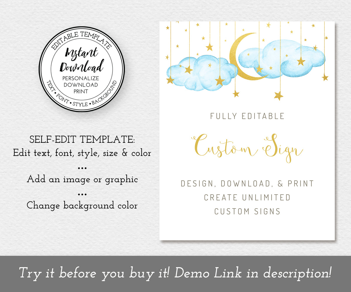 Twinkle twinkle little star baby shower custom sign, 8 x 10, blue clouds with gold moon and stars