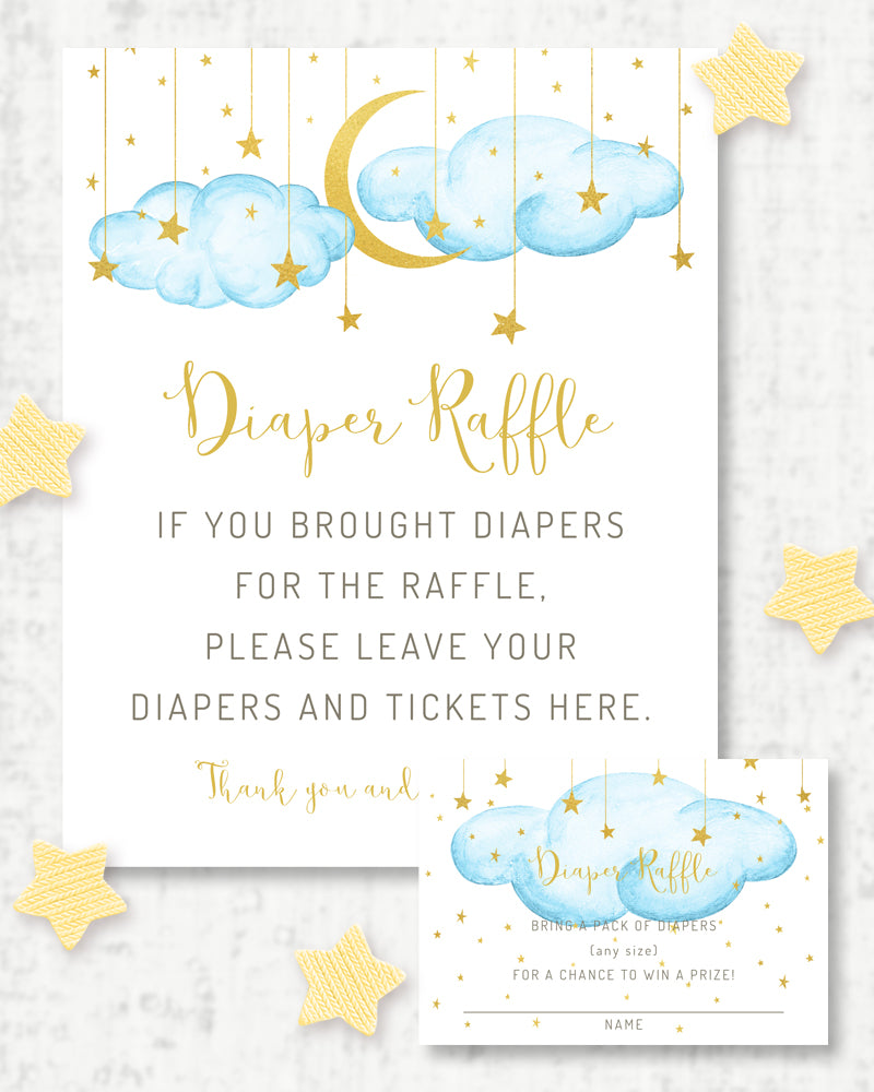 Twinkle twinkle little star diaper raffle sign and ticket baby shower game, blue clouds with gold moon and stars