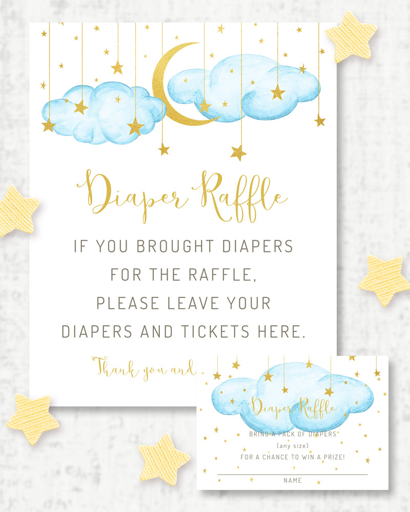 Twinkle twinkle little star diaper raffle sign and ticket baby shower game, blue clouds with gold moon and stars