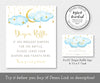 Twinkle twinkle little star diaper raffle sign and card, blue clouds with gold moon and stars, 8.5 x 11" sign, 3.5 x 5" entry ticket