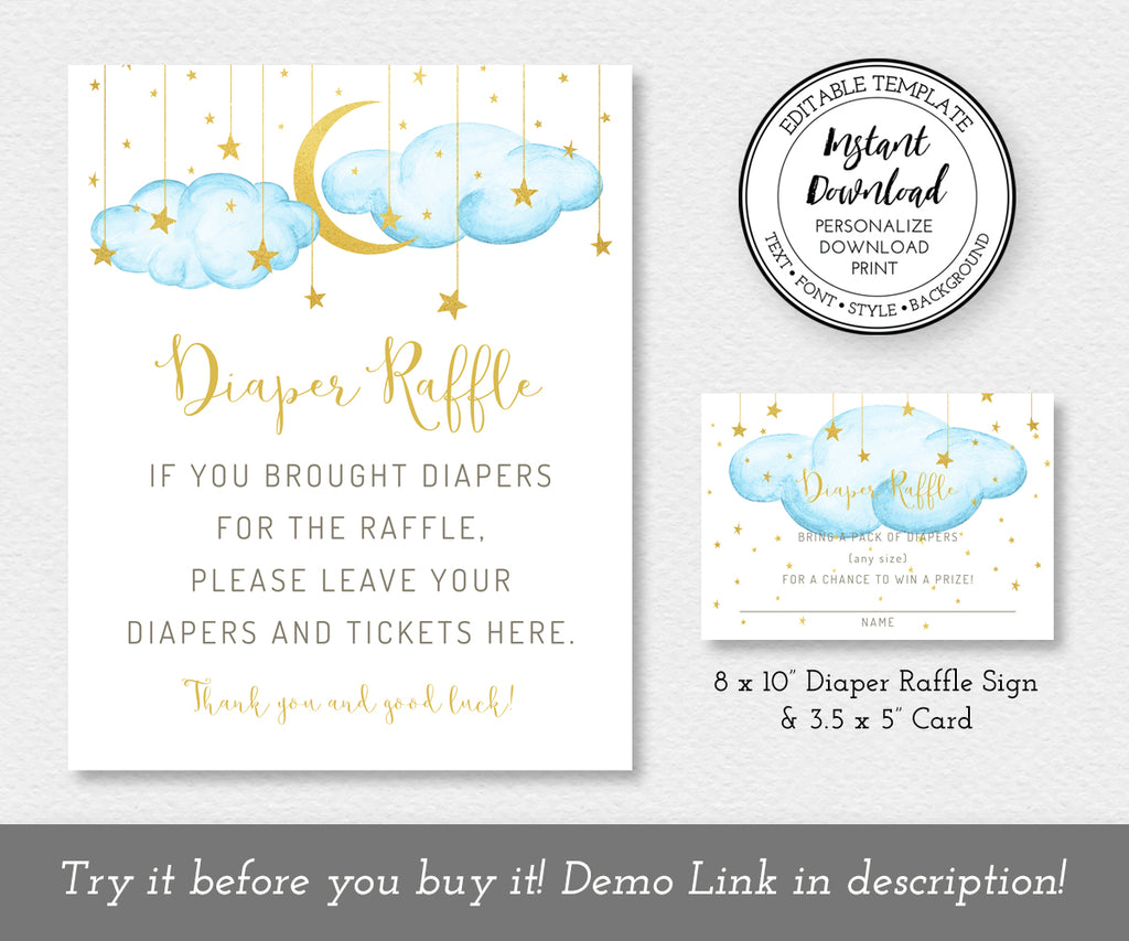 Twinkle twinkle little star diaper raffle sign and card, blue clouds with gold moon and stars, 8.5 x 11" sign, 3.5 x 5" entry ticket