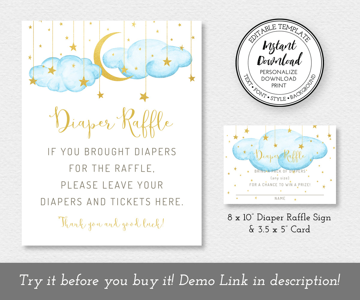 Twinkle twinkle little star diaper raffle sign and card, blue clouds with gold moon and stars, 8.5 x 11" sign, 3.5 x 5" entry ticket