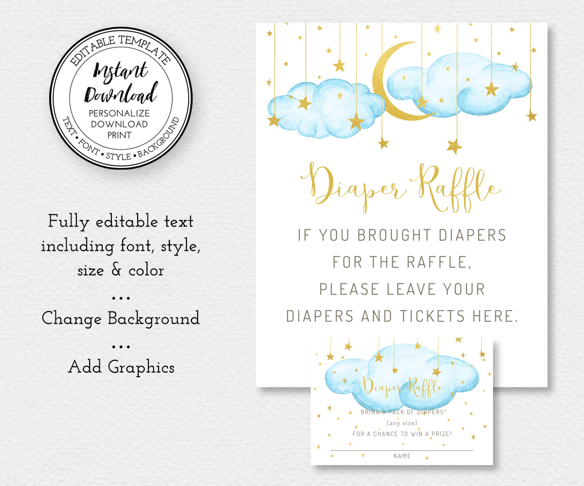 Twinkle twinkle little star diaper raffle sign and card, blue clouds with gold moon and stars