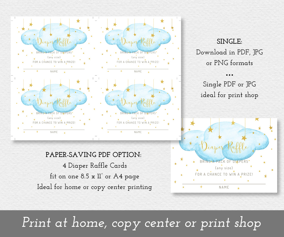 Twinkle twinkle little star diaper cards on 8. 5 x 11 sheet to save paper and single diaper raffle card, blue clouds with gold moon and stars