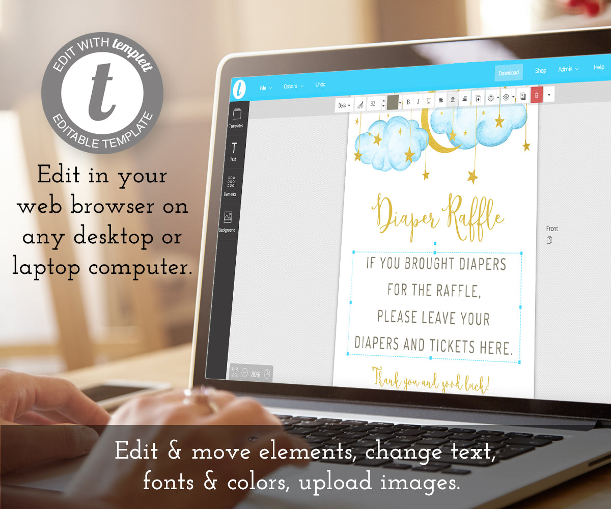 Edit online at templett.com, twinkle twinkle little star diaper raflle sign, blue clouds and gold moon and stars