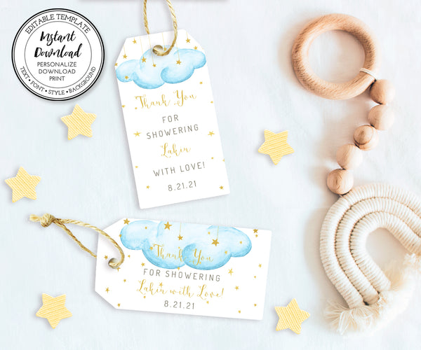 twinkle twinkle little star baby shower favor tags, blue clouds with gold stars