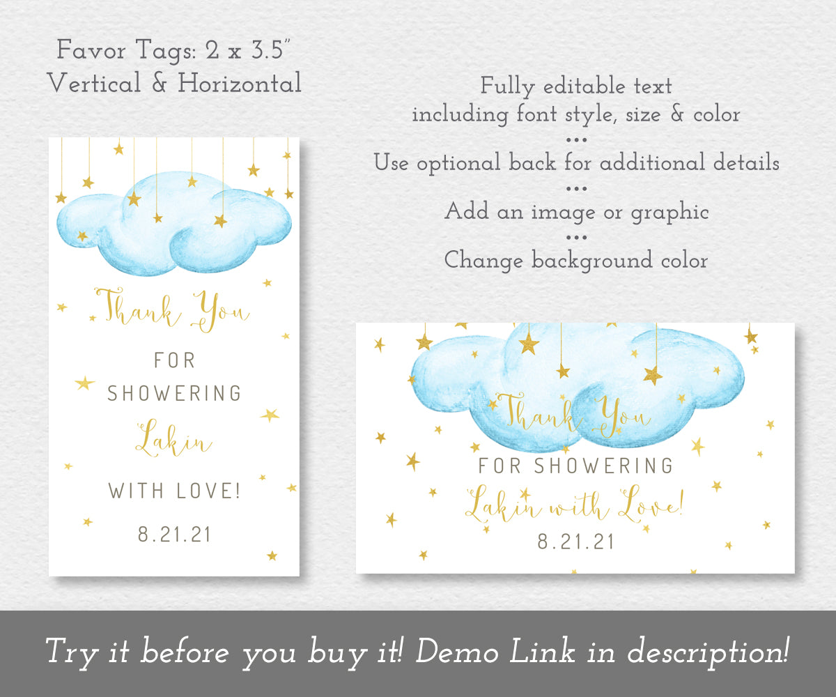 twinkle twinkle little star baby shower favor tags, blue clouds with gold stars, horizontal and vertical tags