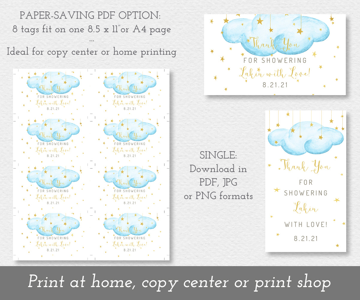 twinkle twinkle little star baby shower favor tags, blue clouds with gold stars, paper saver and single options