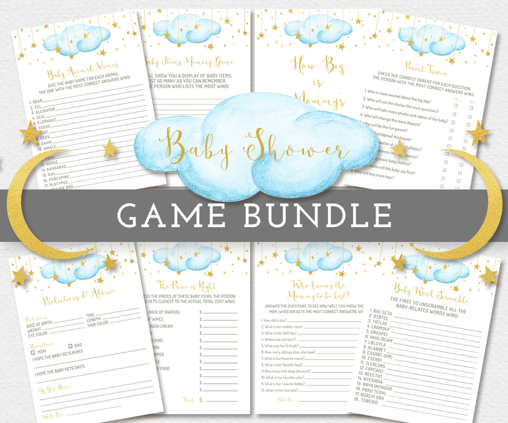 Twinkle twinlke little star baby shower game bundle, 8 games, blue clouds with gold stars