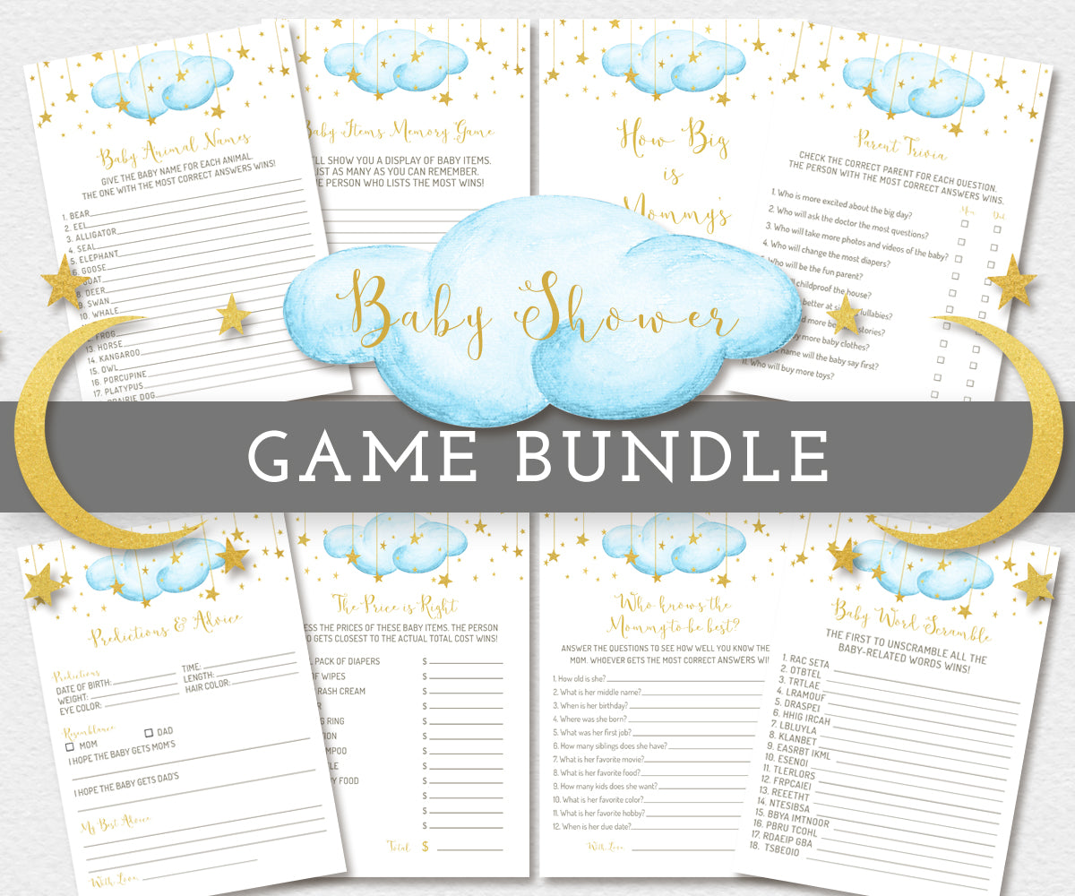 Baby Shower Games Bundle, Twinkle Twinkle Little Star, Blue Clouds wit -  Artful Life Designs