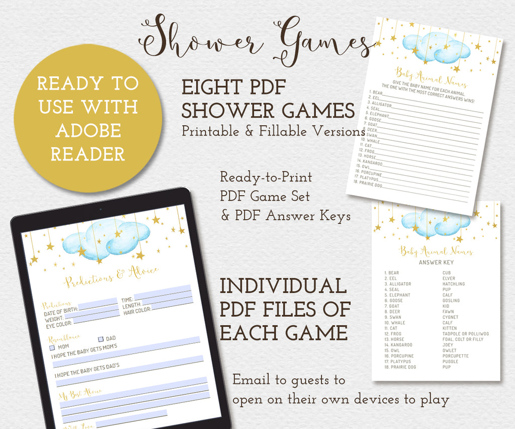 Twinkle twinlke little star baby shower game bundle, 8 games, blue clouds with gold stars
