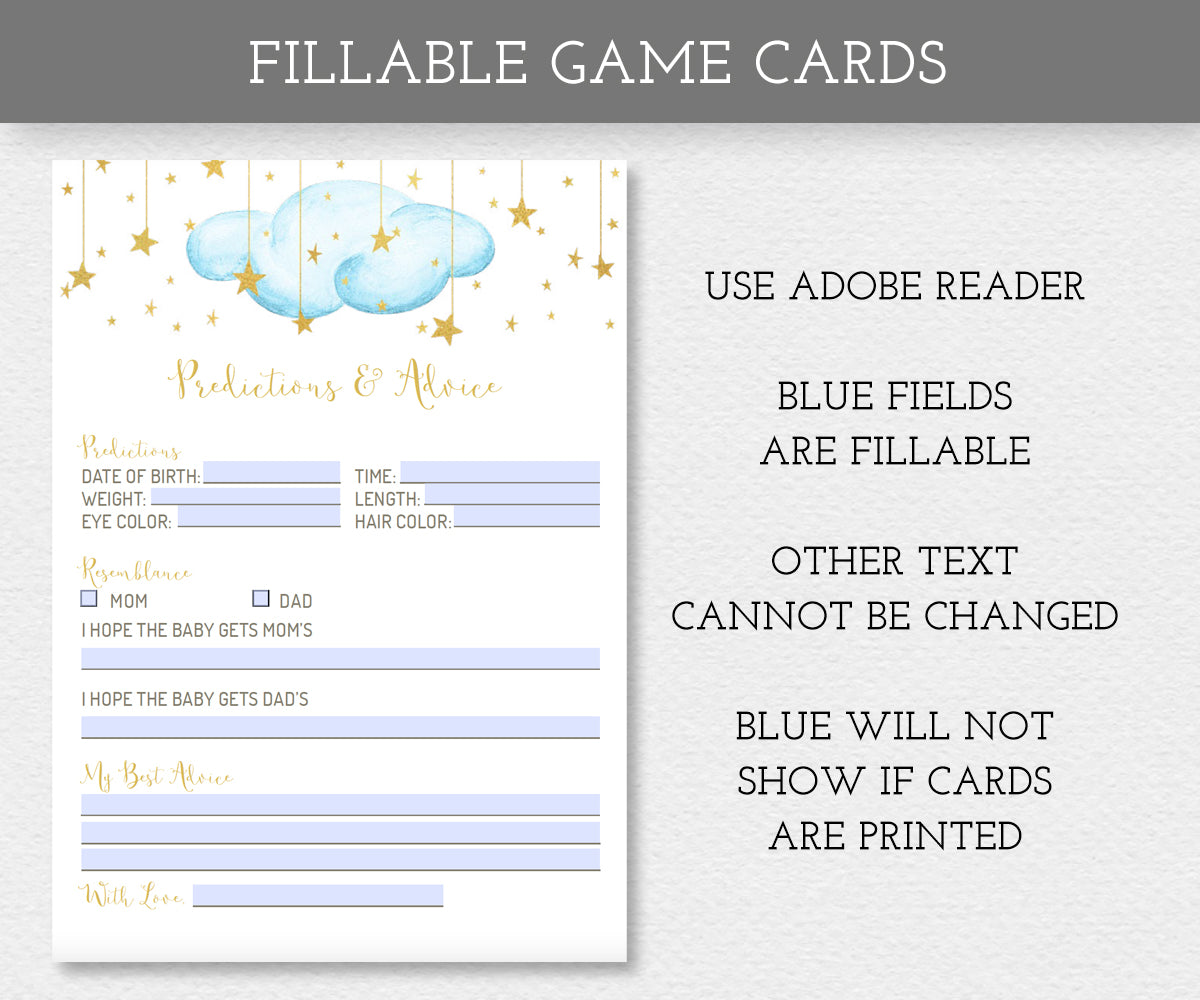 Predictions and Advice fillable baby shower game card