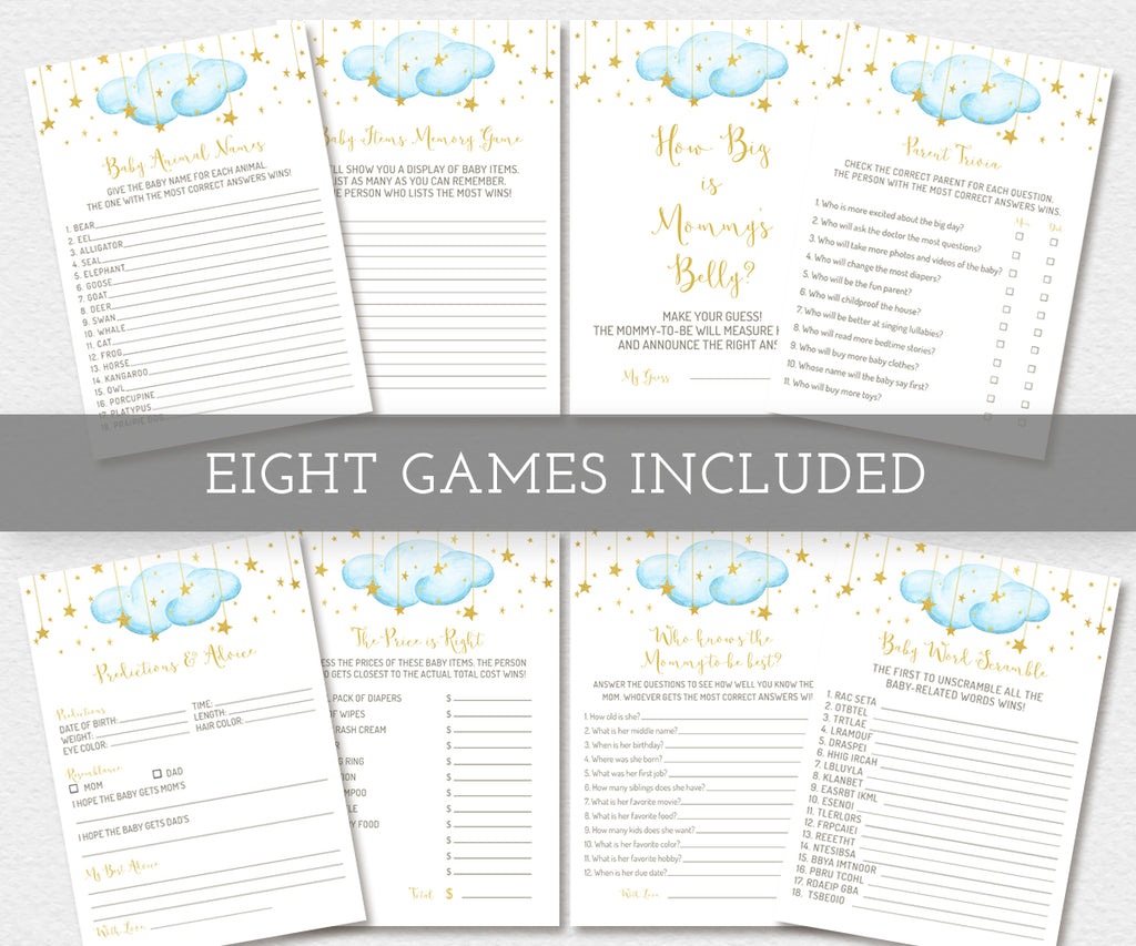 Twinkle twinlke little star baby shower game bundle, 8 games, blue clouds with gold stars