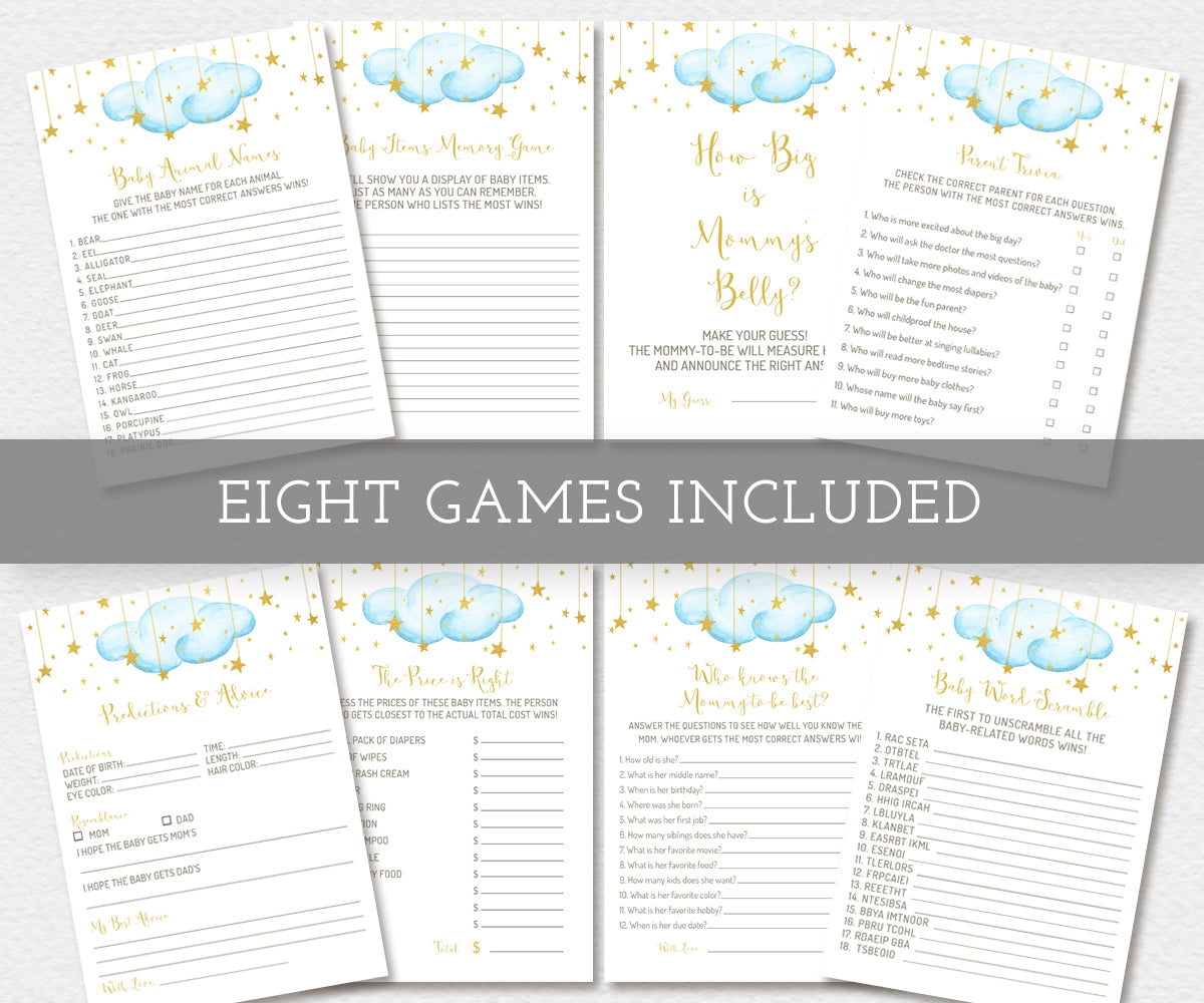 Twinkle twinlke little star baby shower game bundle, 8 games, blue clouds with gold stars
