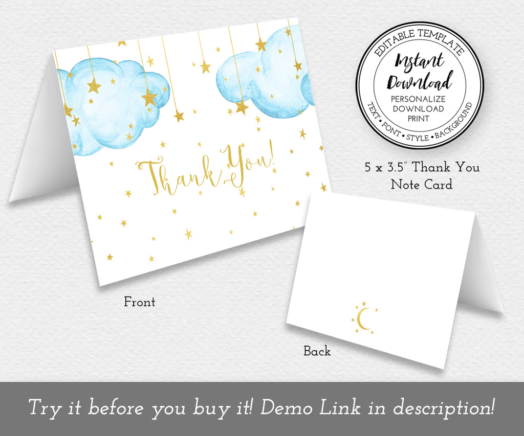 Twinkle twinkle little star baby shower folded thank you card, blue clouds with gold stars.