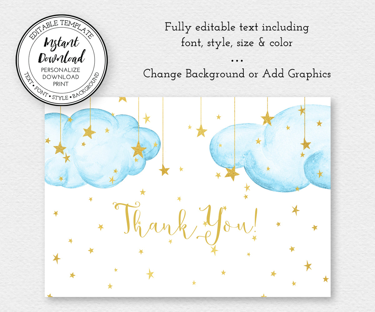 Twinkle twinkle little star baby shower thank you card, blue clouds with gold stars editable template.