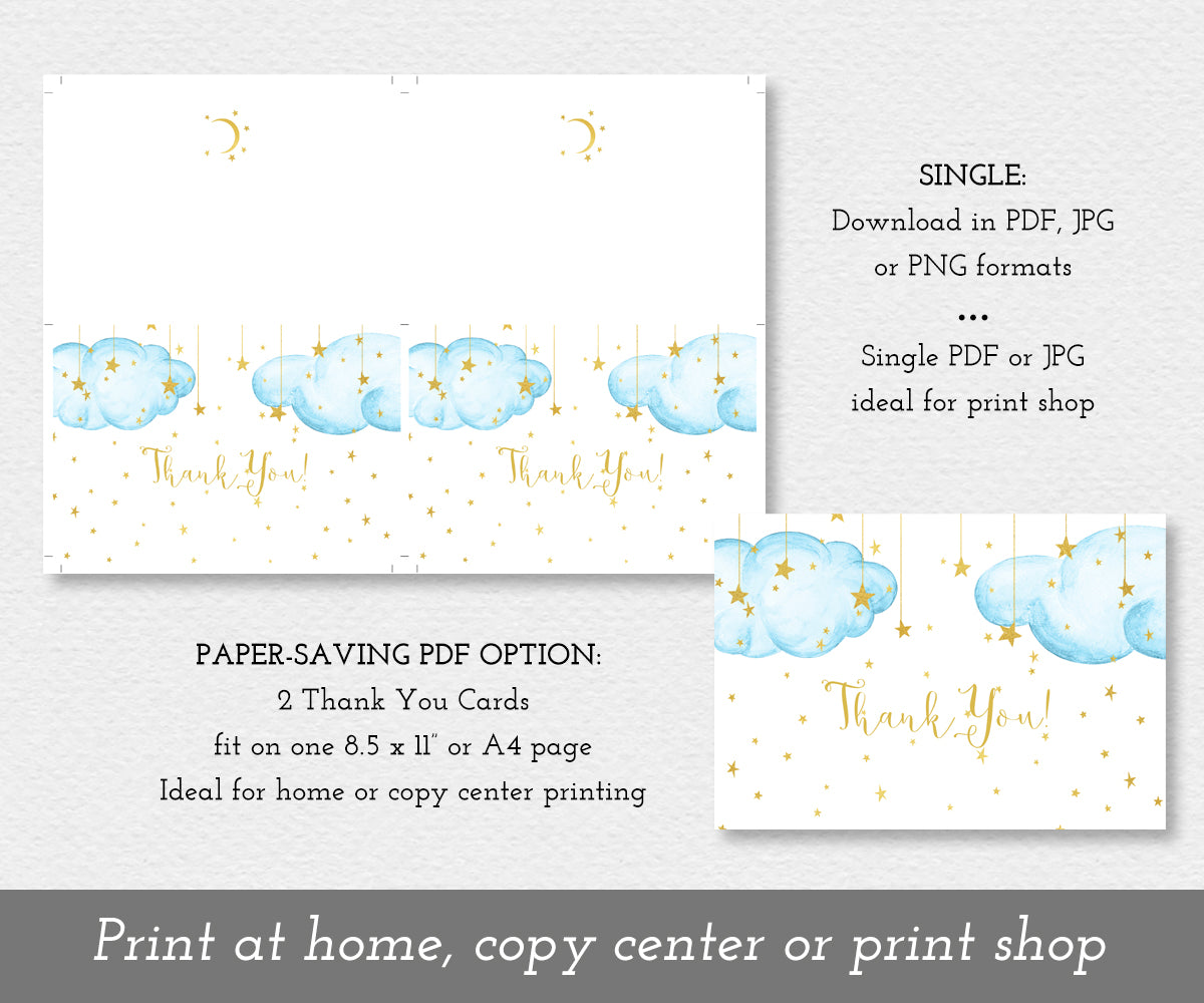 Twinkle twinkle little star baby shower thank you card, blue clouds with gold stars, paper saver option, single option.