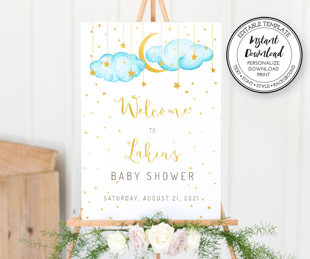 Twinkle twinkle little star baby shower welcome sign, blue clouds with gold moon and stars