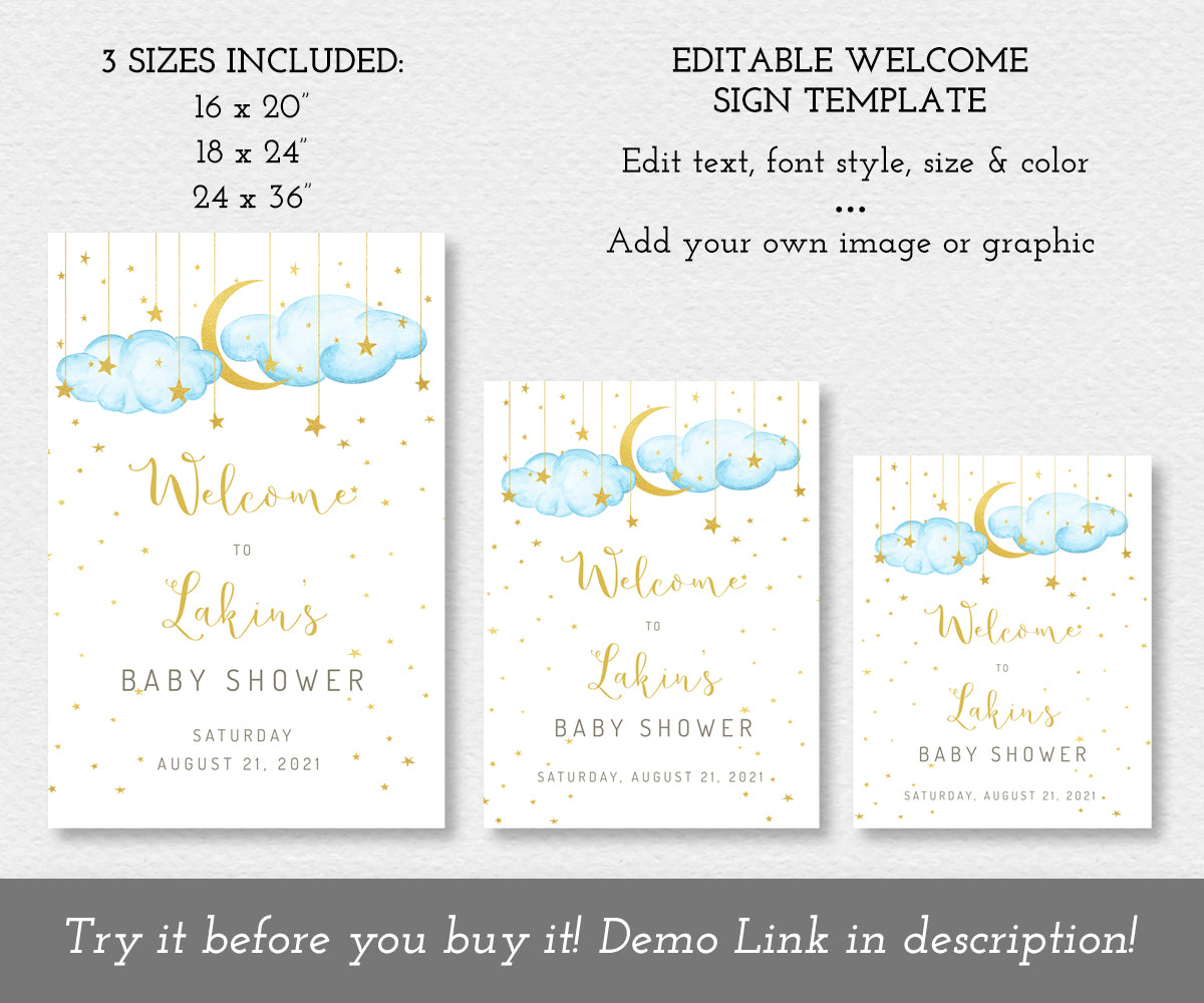Twinkle twinkle little star baby shower welcome sign, blue clouds with gold moon and stars, 3 sizes, 16 x 20, 18 x 24, 24 x 36