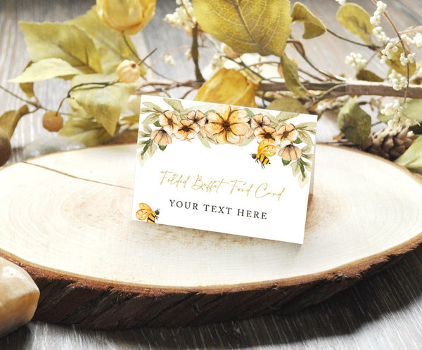 Folded buffet Food Card for baby shower or gender reveal party with yellow flowers and bees