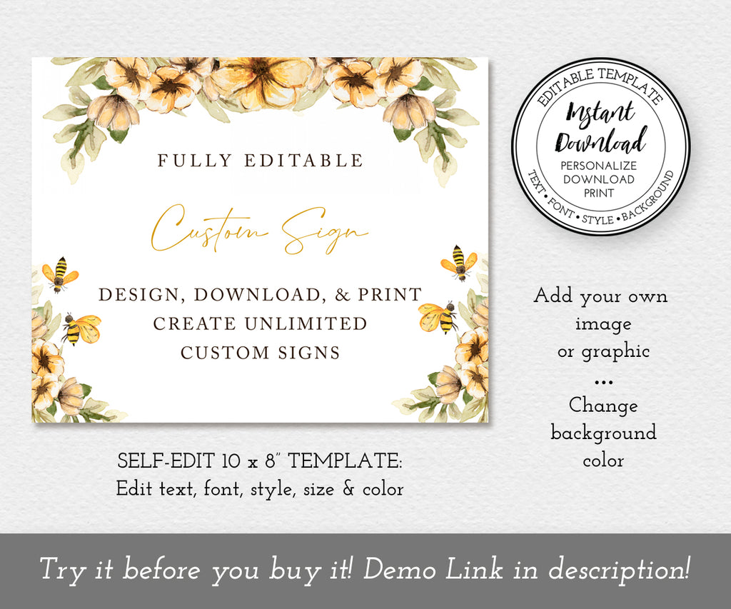 Self-edit 10 x 8" sign template, yellow flowers and bees