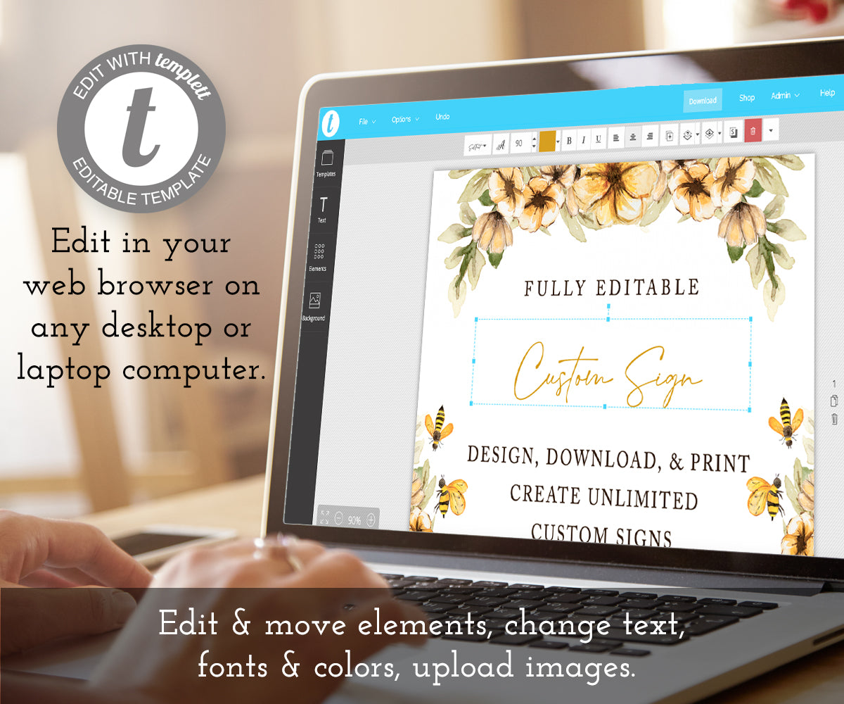 custom sign template with yellow flowers and honey bees being edited on laptop computer using templett